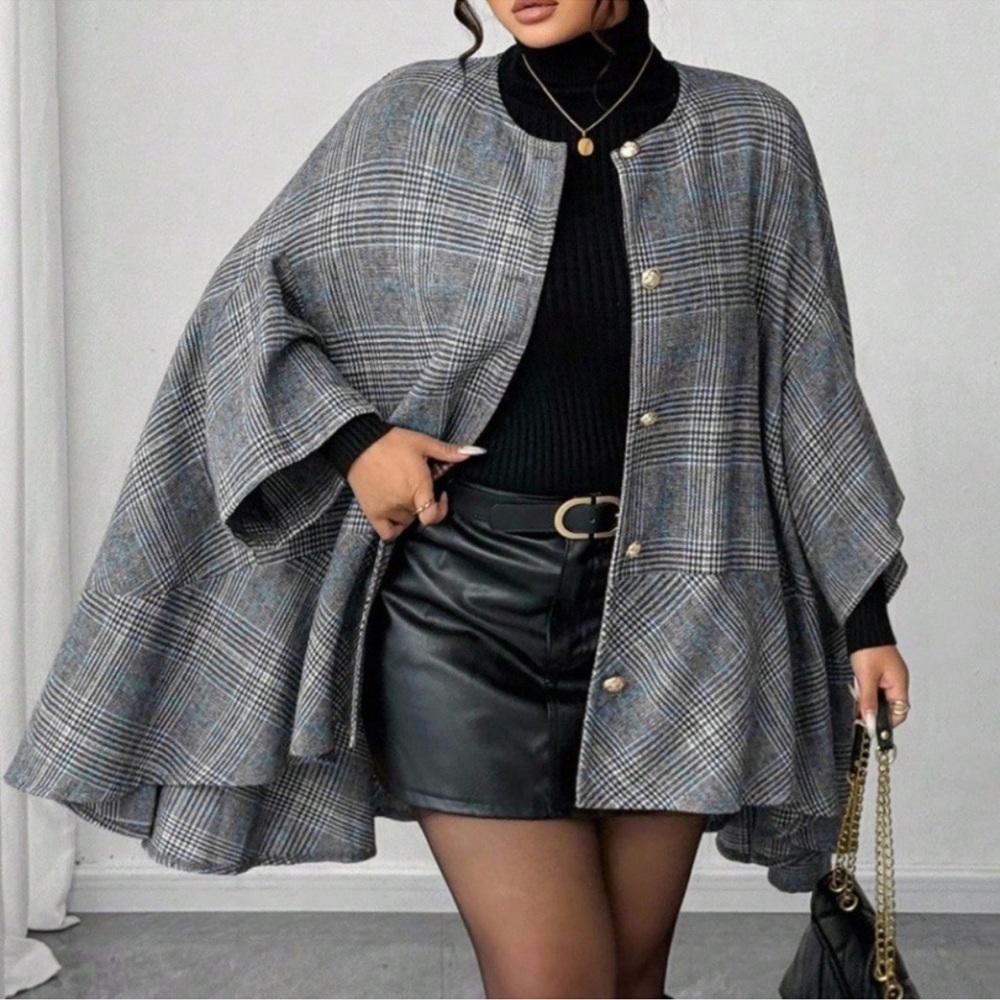 Plus Plaid Print Button Down 3/4 Sleeve Ruffle Hem Jacket Coat 1X 2X 3X 4X